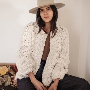 OZMA of California 100% Cotton Chunky Knit Full Zip Sweater White Ballon Sleeve